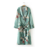 Vintage Mujer Retro Floral Estampado Largo Kimono Abrigo Cha