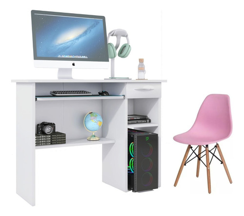 Kit Mesa Casa Home Office Apoio Retratil C/ Cadeira Eames