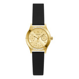 Reloj De Pulsera Guess Steel Gw0451l1 De Cuerpo Color Dorado, Analógico, Para Mujer, Fondo Dorado, Con Correa De Silicona Color Negro, Bisel Color Dorado Y Hebilla Simple