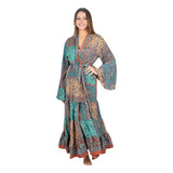 Kimono Largo Importado India Con Manga Lazo Mandala Bohemia