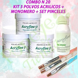 Kit 3 Acrilico Acryfine 30 Gs Polimeros +monomero + Pinceles