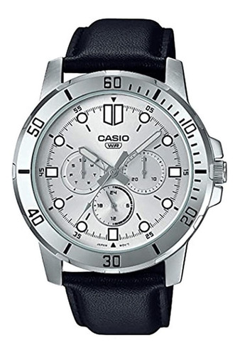 Reloj De Pulsera Casio Dress Mtp-vd300 De Cuerpo Color Plateado, Analógico, Para Hombre, Fondo Plateado, Con Correa De Cuero Color Negro, Agujas Color Gris Y Blanco, Dial Blanco Y Negro, Subesferas Co