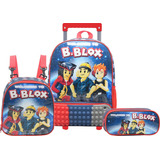 Kit Mochila Rodinhas Infantil Menino Pop It Lancheira Estojo Cor Azul Desenho Do Tecido Blox