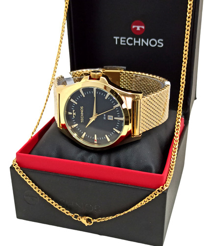 Relógio Dourado Aço Inoxidavel Technos Classic + Corrente