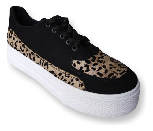 Zapatos Mujer Tenis Casual Negros Leopardo Con Plataforma 