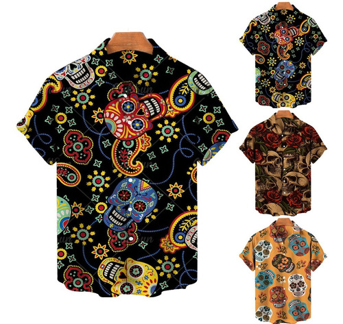 Camisa Casual Hawaiana De Hombre Con Estampado De Calavera