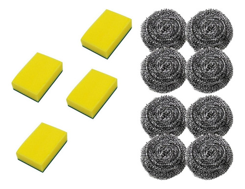 Set 4 Esponjas Y 8 Virutillas Metálica Para Cocina Multiuso