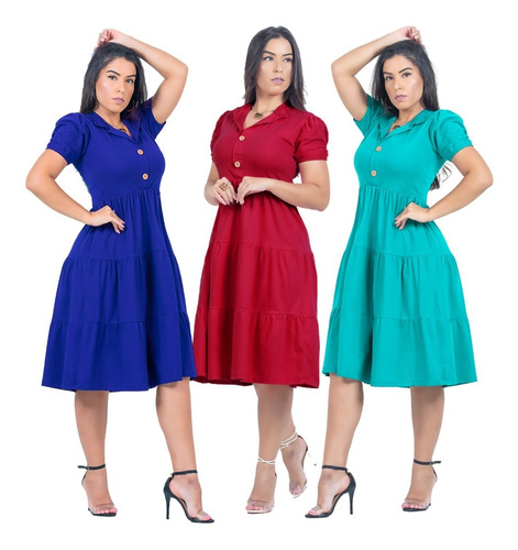 Combo 3 Vestido Feminino Plus Size Rodado Moda Evangelica