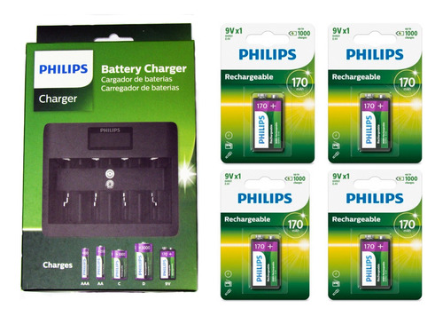 Carregador Philips Usb C/ 4 Baterias 9v Recarregável Philips