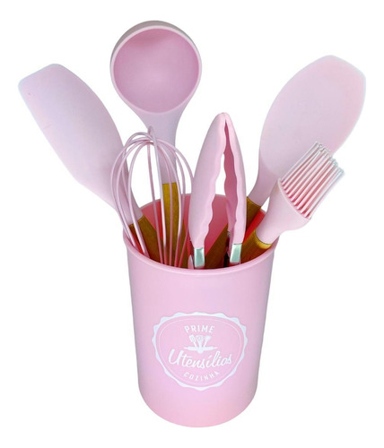 Conjunto De Utensílios 7 Peças - Rosa Silicone - Madeira