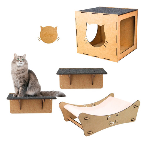 Brinquedo Para Gatos Kit 4 Peças Prateleira Cama Nicho Mdf