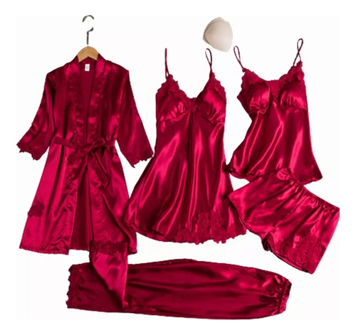 Conjunto De Pijama Feminino De Cetim Com 5 Peças 2023