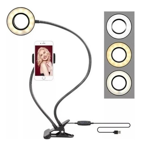 Suporte Celular De Mesa Luminária Ring Light Led Selfie Cor Preto