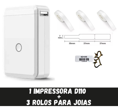 Impressora Etiqueta Niimbot D110 + 3 Rolos Etiqueta Joias
