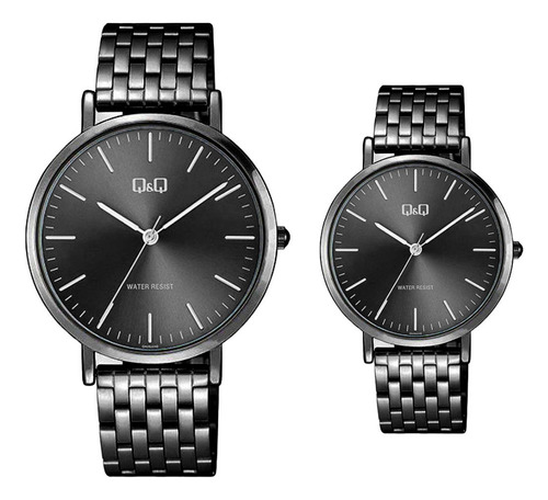 Relojes Pareja Duo Qyq Acero Quartz Q&q Negro + Estuche