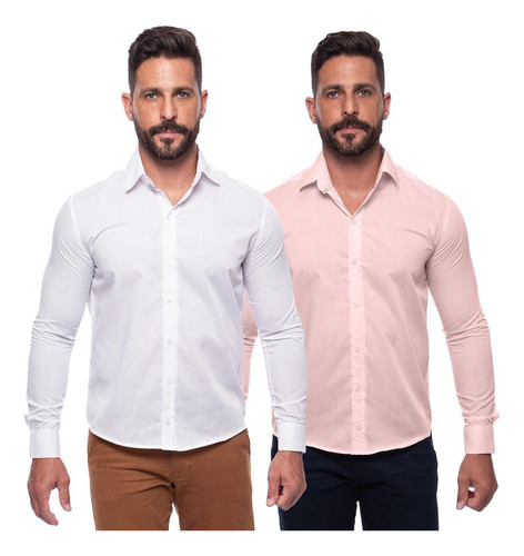 Kit Camisa Social Masculina Manga Longa Slim 2 Peças