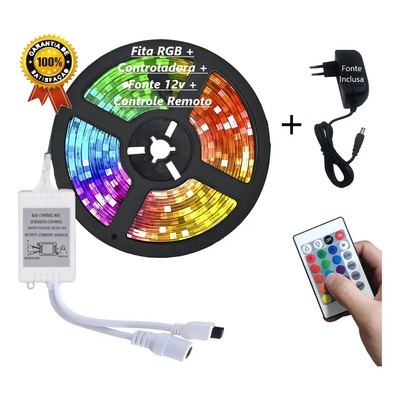 Fita LED RGB 3528 5m Dimerizável IP65 Com Controle Fonte | Frete grátis