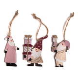 Adorno Navidad Set X3 Colgantes Madera Santas Rosa 4x6 Cm