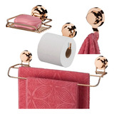 Kit Toalheiro Porta Sabonete Papel Gancho Ventosa Rose Gold