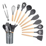 Set Utensilios Silicona 12 Piezas Cocina Mango Madera  Gris