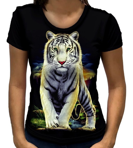 Camiseta Baby Look Feminina Tigre Branco Full Print Natureza