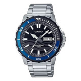 Reloj Casio Análogo Hombre Mtd-125d-1a2v Color De La Correa Plateado Color Del Bisel Azul Color Del Fondo Negro