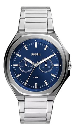 Fossil Plateado Fondo Azul Color De Correa Plateado Hombre