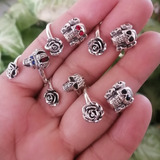 Anillo Calavera Cráneo Rosas En Plata 925 Ley Cristal 