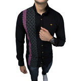 Camisa Hombre Casual Negra Guayabera Franja Rosa Alexis Roma