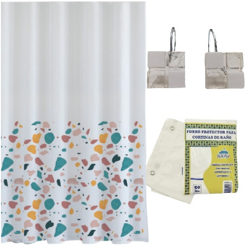 Cortina De Baño Premium Estampada + Protector + Ganchos.