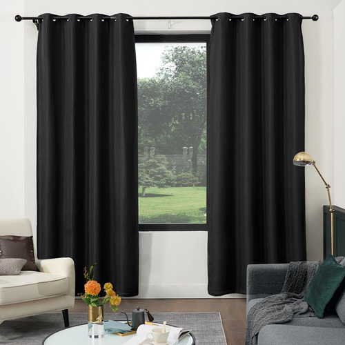 Linen Curtains 84 Inch Length 2 Panels Set  Blackout Bl...