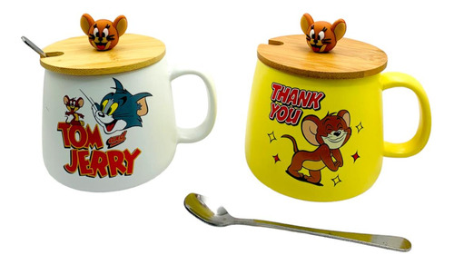 Mugs Tazas De Tom Y Jerry Con Tapa Madera Y Cuchara