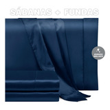 Sábanas De Satín Matrimonial Lujosa Y Sedosa - Real Textil Diseño De La Tela Azul Marino