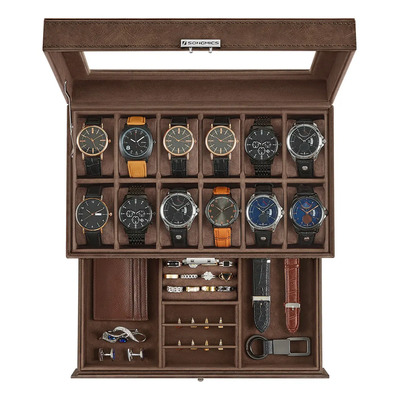 Songmics Caja De Relojes Con Tapa De Cristal De 2 Niveles Color Marrón