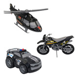 Kit De Brinquedos Menino Polícia C/ Carro Moto Helicóptero