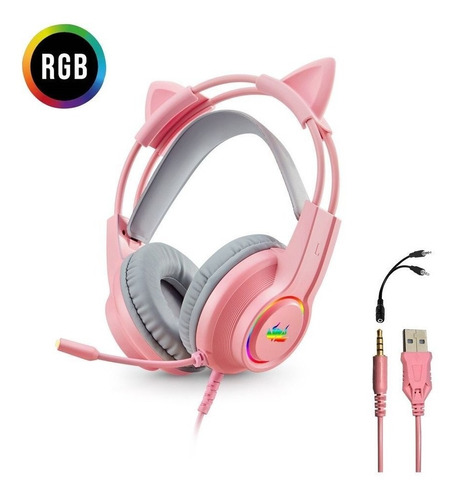 Fone De Ouvido Headset Gamer Rosa Com Fio E Microfone Rgb