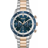 Reloj Hugo Boss 1513937 Color De La Correa Plata Y Oro Rosa Color Del Bisel Azul Marino Color Del Fondo Azul