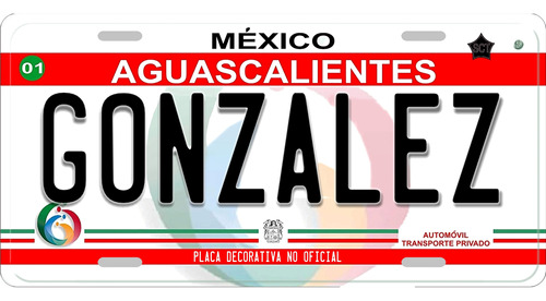 1 Placa Auto Decorativa Aguascalientes Gonzalez Aluminio.