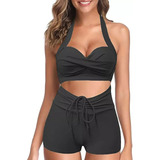 Traje De Baño Dama 2 Piezas Tankini Top Manga Larga Shorts