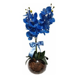 Arranjo Orquídea Azul Artificial No Vaso Vidro Transparente