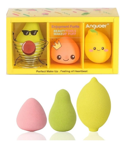 Kit 3 Esponja P/ Maquiagem Gota Frutas Com Suporte Infantil