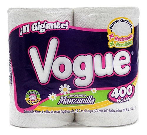 Papel Higiénico Vogue 24 Paquetes 4 Rollos De 400 Hojas