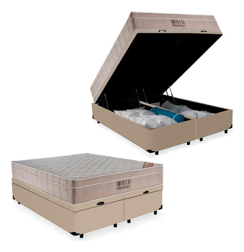 Cama Box Baú Queen Colchão Airtech Ortobom 69x158x198 Bege