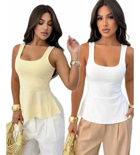 Kit 2 Bata Peplum Feminina Regata Básica Cinturada Elegante | Frete grátis