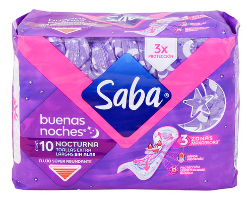 Toallas Femeninas Saba Buenas Noches Sin Alas 10 Pzas