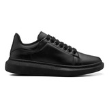 Tenis Casual Preto Couro Legítimo Masculino  Sola Alta Moda