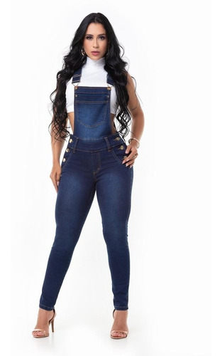 Macacão Jardineira Feminino Jeans Lycra Bojo Frete Grátis