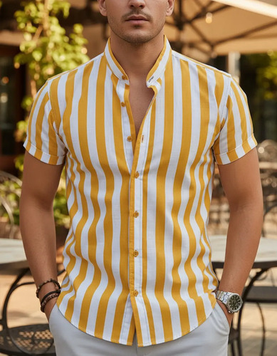 Camisa De Manga Corta Con Cuello Mao Y Estampado De Rayas