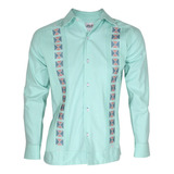 Guayabera Manga Larga Modelo Kal12 Bordada Verde Aqua