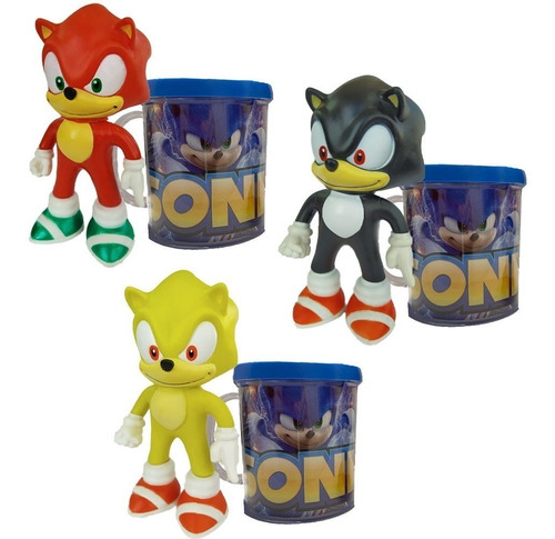 Sonic Amarelo, Preto E Vermelho - Kit Com 3 Bonecos + Caneca